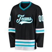 Custom Negro Blanco-Teal Hockey Jerseys