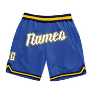 Shorts de basquete autênticos azuis brancos e dourados personalizados