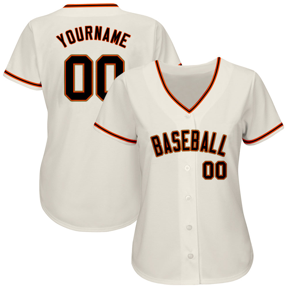 Camisa de beisebol autêntica creme preta laranja-ouro velho personalizada
