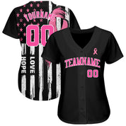 Bandeira americana 3d personalizada com fita rosa, mês de conscientização do câncer de mama, suporte para cuidados de saúde feminino, camisa de beisebol autêntica