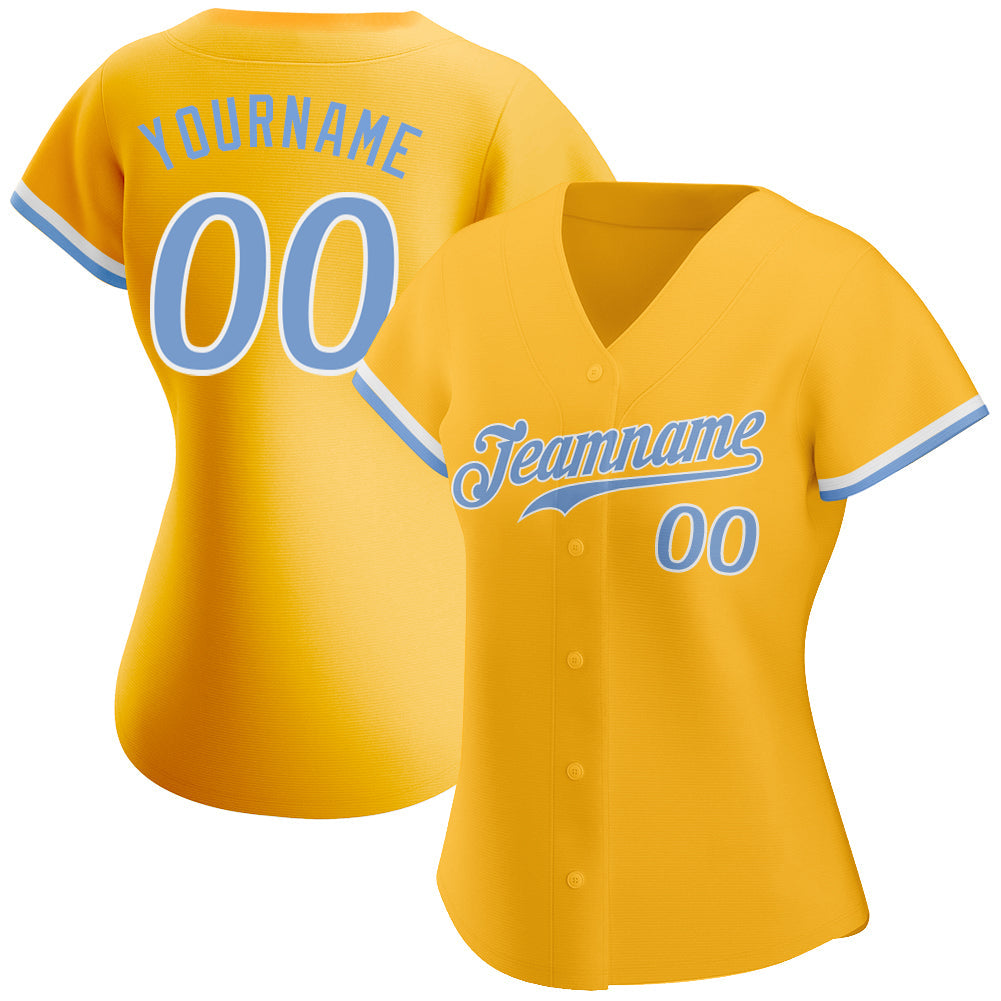 Camisa de beisebol autêntica personalizada dourada azul claro e branca