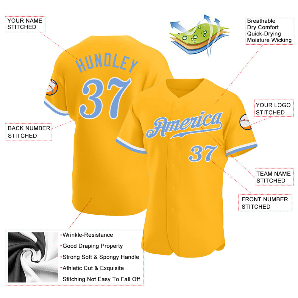 Benutzerdefiniertes goldfarbenes, hellblau-weißes, authentisches Baseball-Trikot