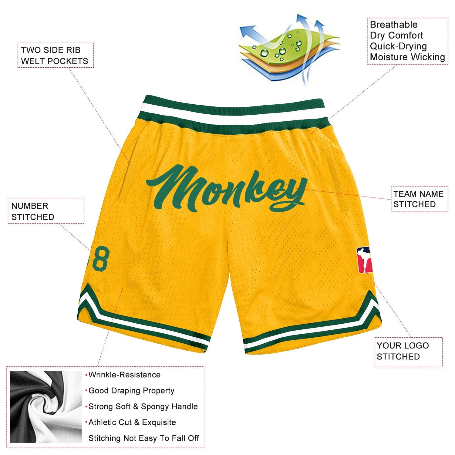 Shorts de basquete autênticos dourados Kelly verde-branco personalizados