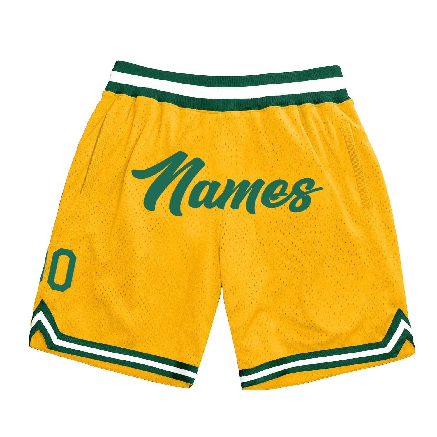 Shorts de basquete autênticos dourados Kelly verde-branco personalizados