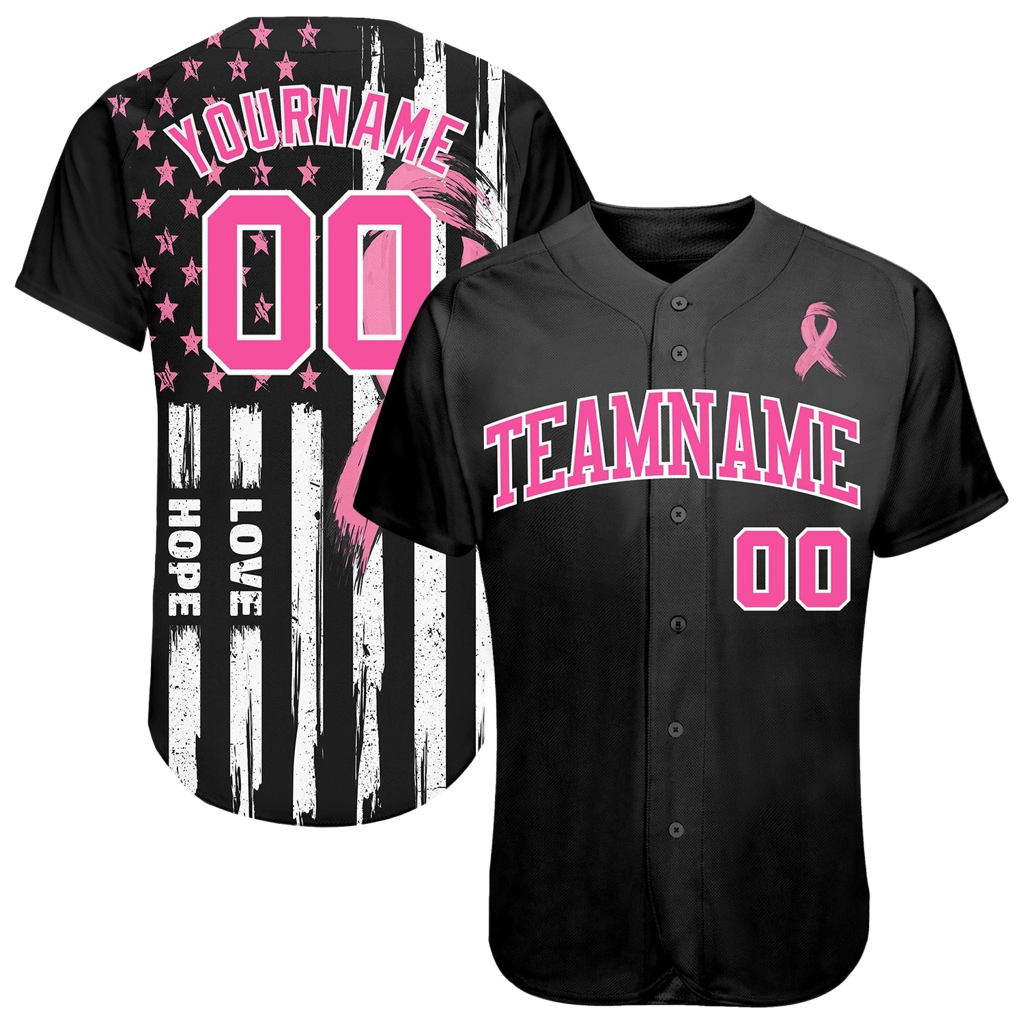 Bandeira americana 3d personalizada com fita rosa, mês de conscientização do câncer de mama, suporte para cuidados de saúde feminino, camisa de beisebol autêntica