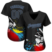 Camisa de beisebol autêntica 3D com padrão graffiti personalizado preto-azul claro