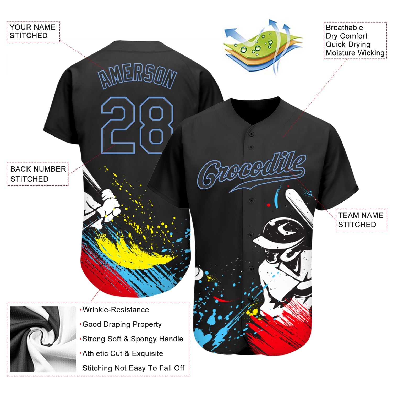 Personalizado Graffiti patrón negro-azul claro 3D auténticos jerseys de béisbol
