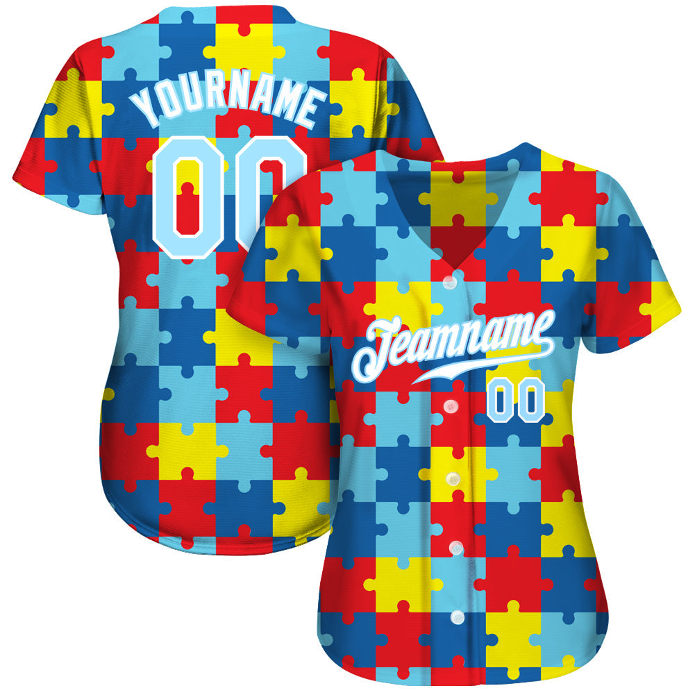 Custom Autism Awareness Puzzle Pieces Light Blue-White 3D Jersey de béisbol auténtico
