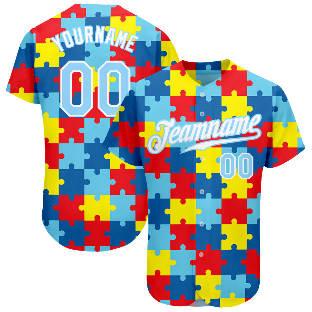 Benutzerdefinierte Autismus-Bewusstseins-Puzzleteile Hellblau-weißes authentisches 3D-Baseball-Trikot