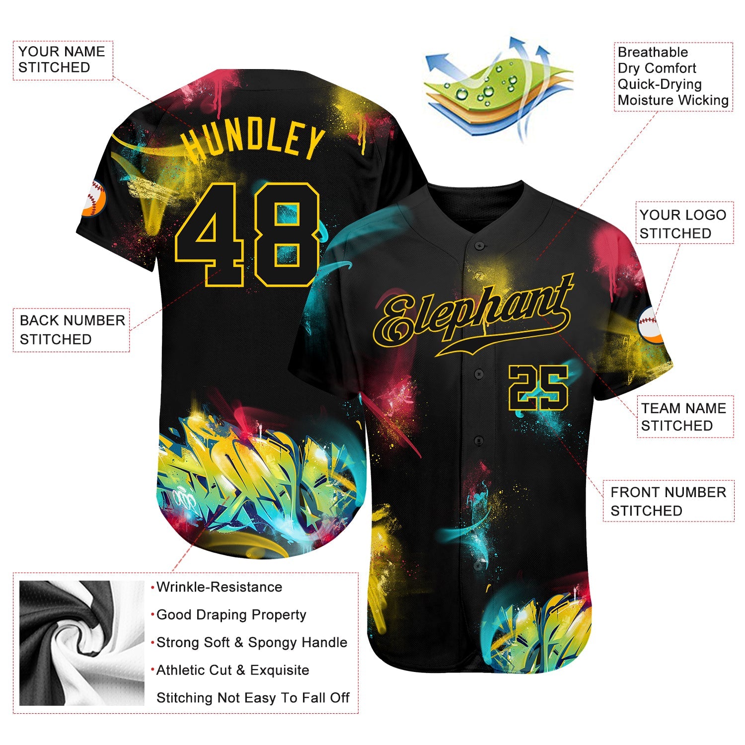 Camisa de beisebol autêntica 3D com padrão graffiti personalizado preto e dourado