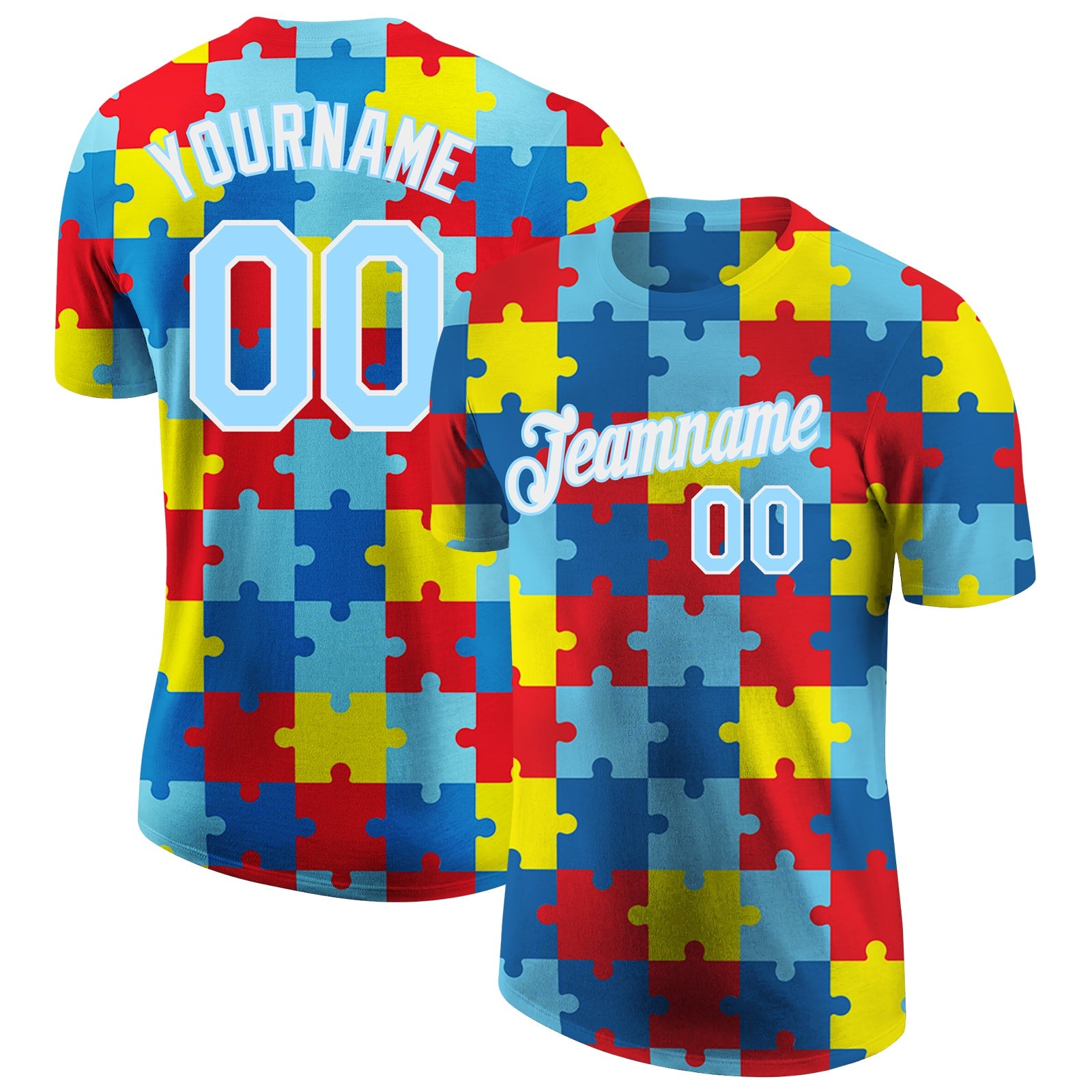Benutzerdefinierte Autismus-Bewusstseins-Puzzleteile Hellblau-weißes 3D-Performance-T-Shirt