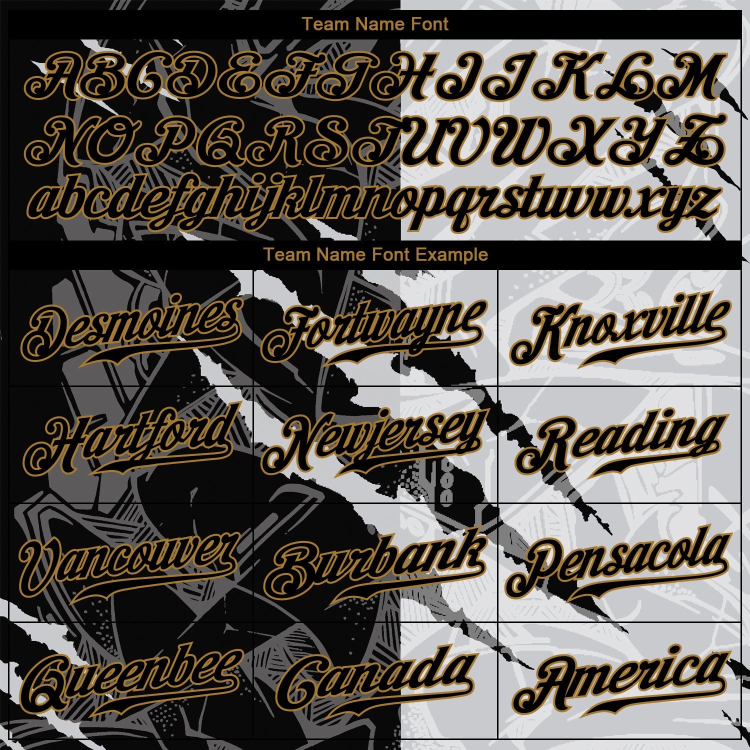 Authentisches 3D-Baseballtrikot mit individuellem Graffiti-Muster in Schwarz und Altgold