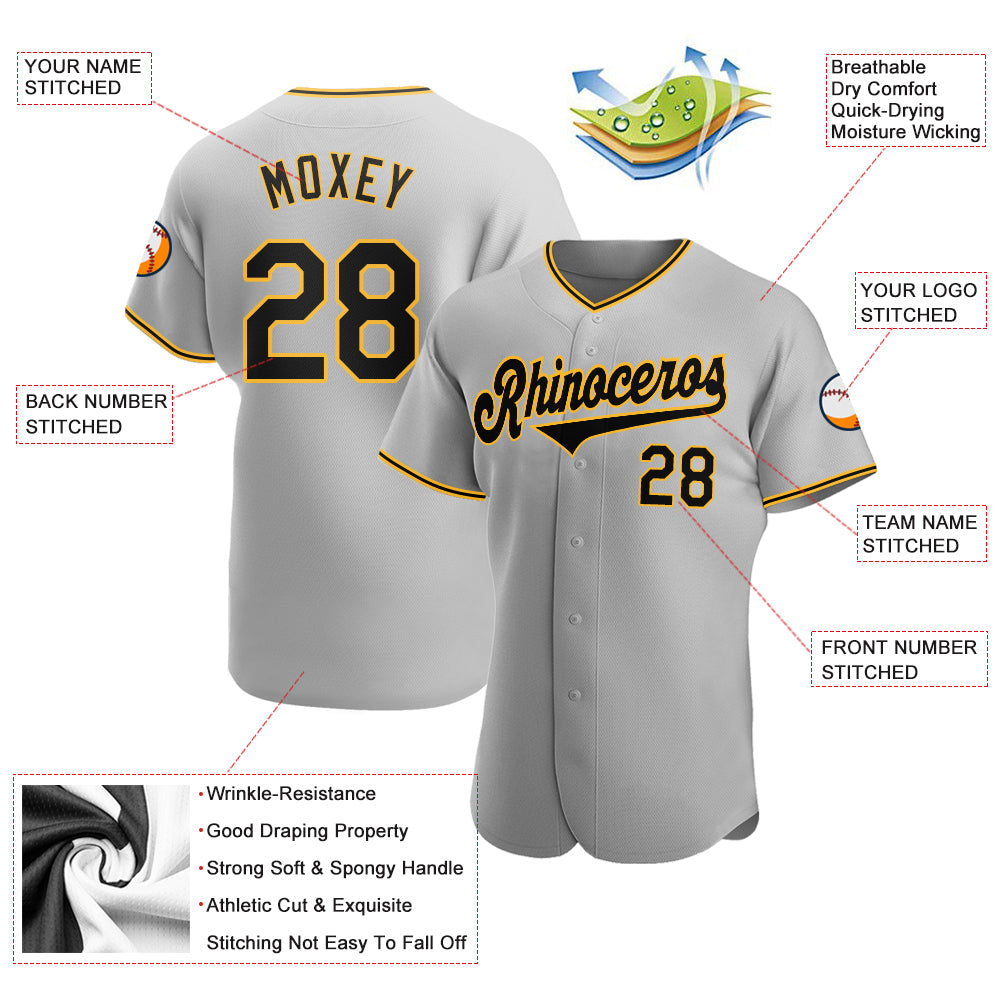 Camisa de beisebol autêntica cinza preta e dourada personalizada