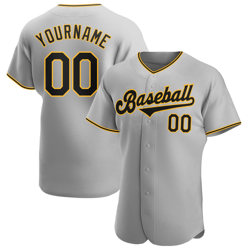 Camisa de beisebol autêntica cinza preta e dourada personalizada