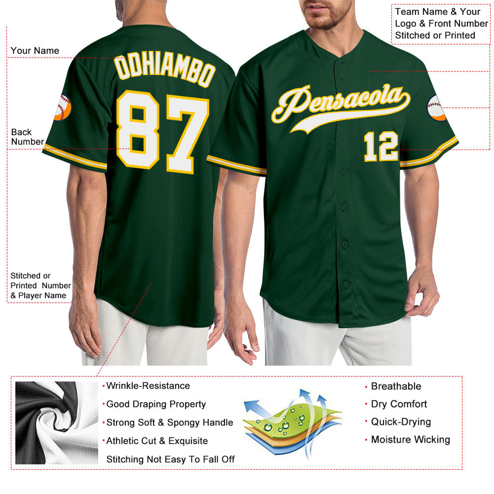 Benutzerdefiniertes authentisches Baseball-Trikot in Grün-Weiß-Gold