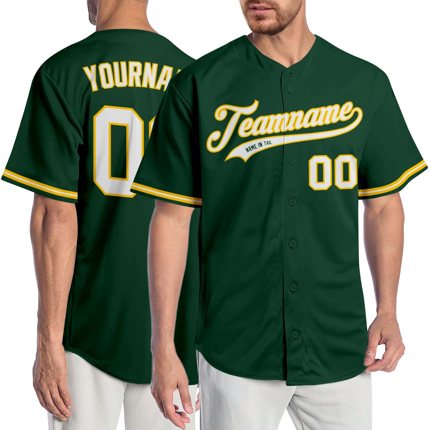 Camisa de beisebol autêntica verde branca e dourada personalizada