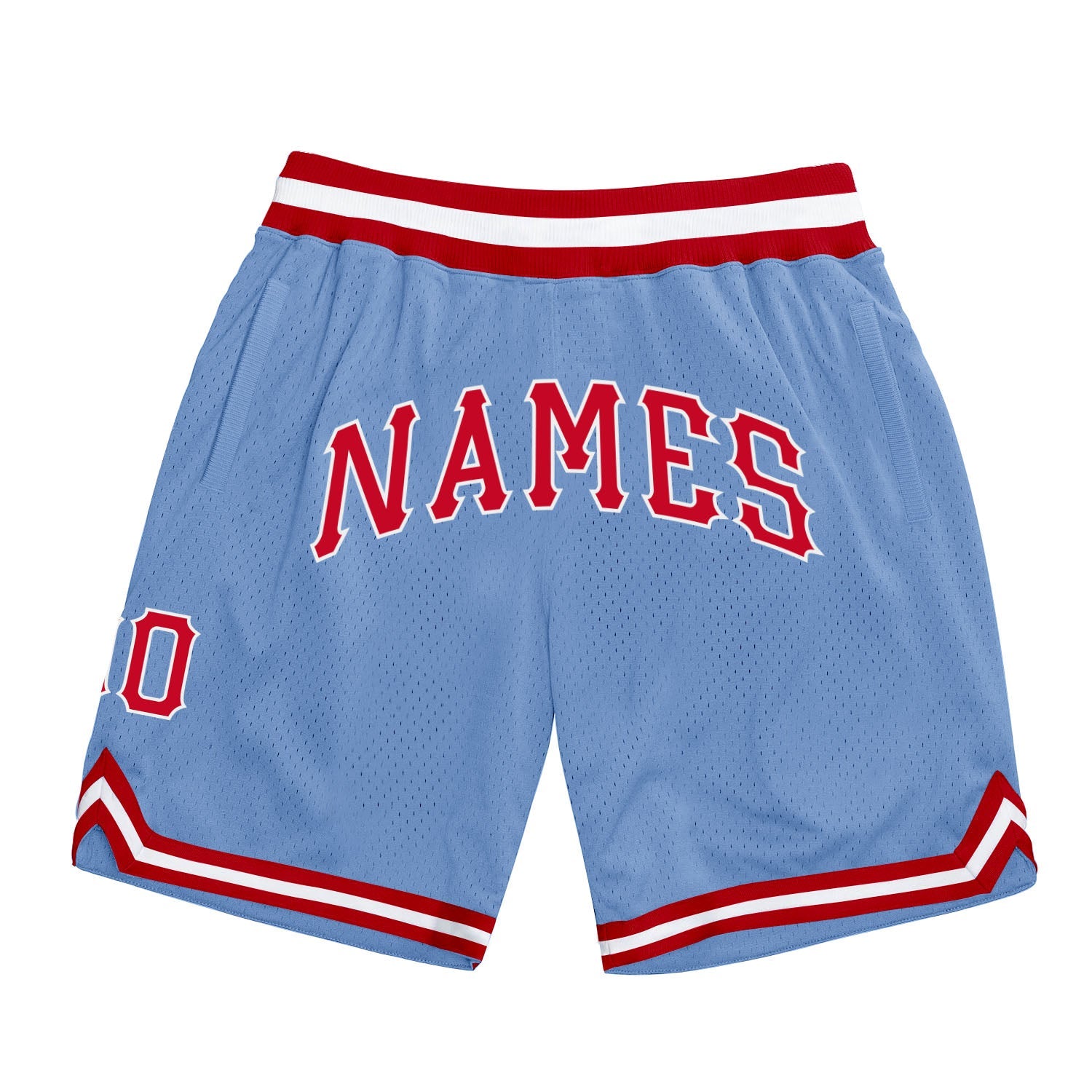 Shorts de basquete autênticos, azul claro, vermelho e branco, personalizados
