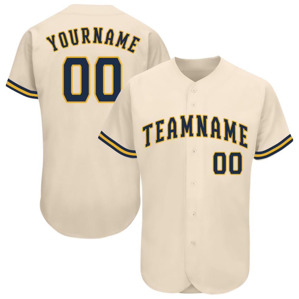 Camisa de beisebol creme personalizada em ouro marinho