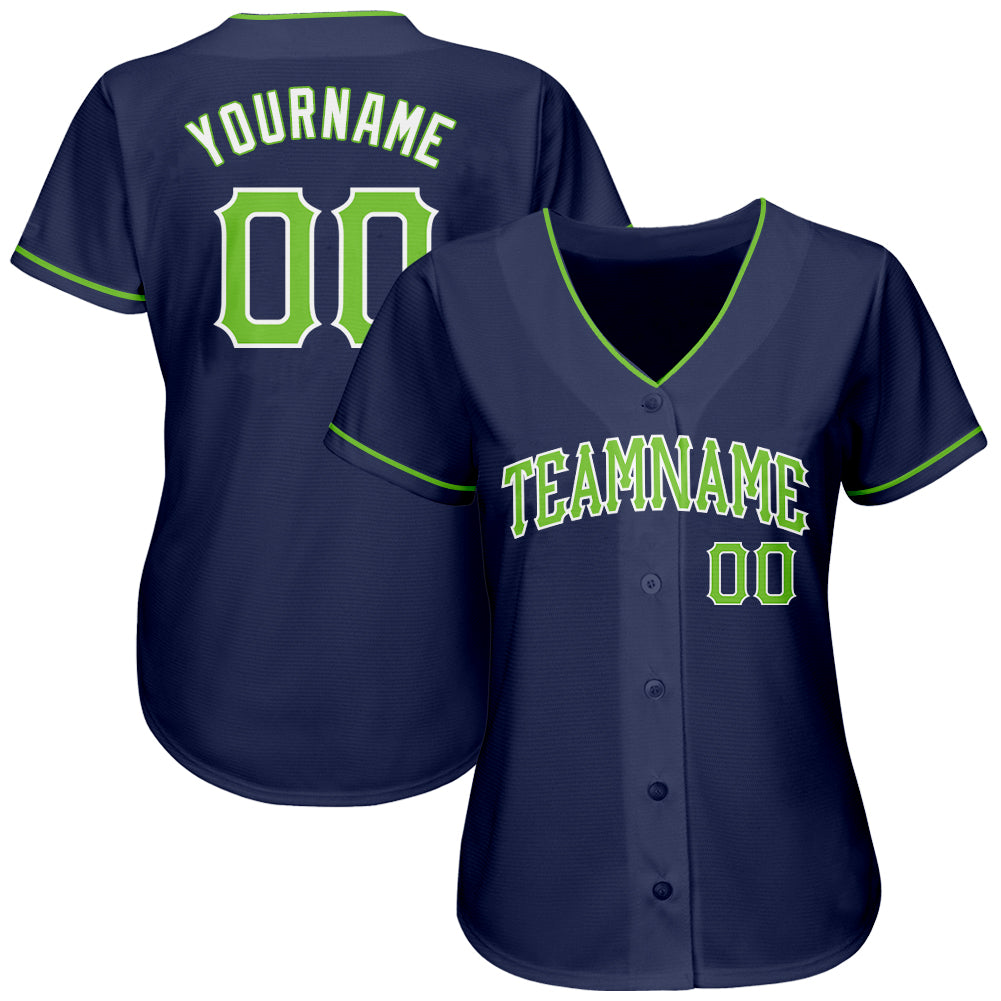 Camisa de beisebol autêntica verde-branca neon azul marinho personalizada
