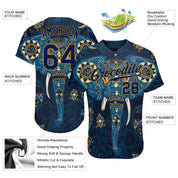 Benutzerdefiniertes, authentisches Elefanten-Baseballtrikot mit 3D-Musterdesign in Marineblau und Altgold