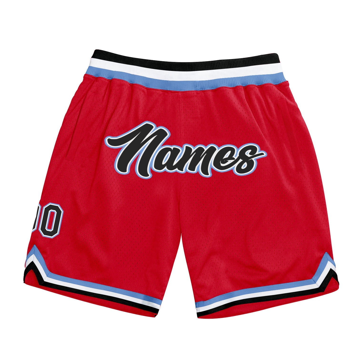 Shorts de basquete autênticos, vermelhos, pretos e azuis claros, personalizados