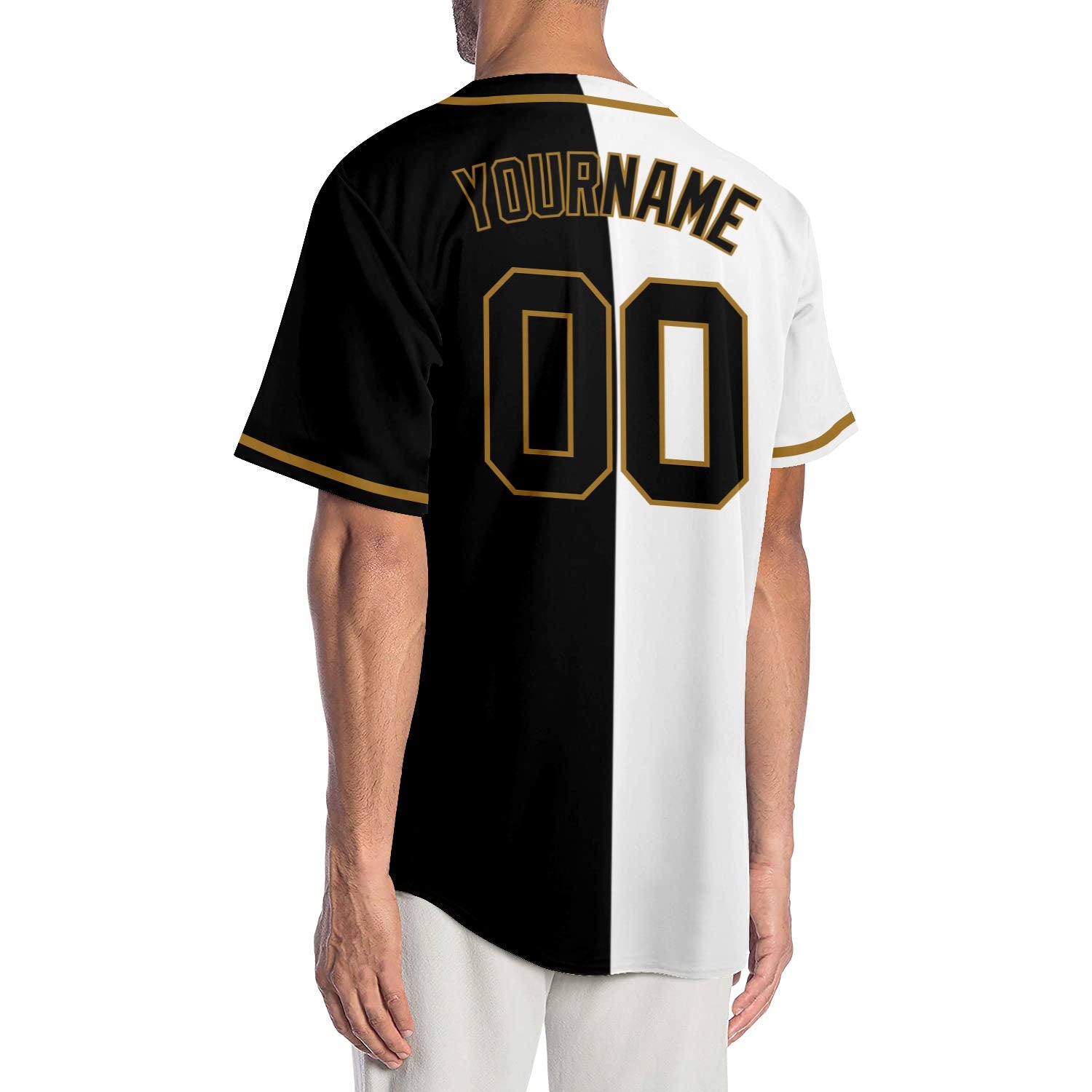Camisa de beisebol personalizada branca preta-velha dourada autêntica dividida