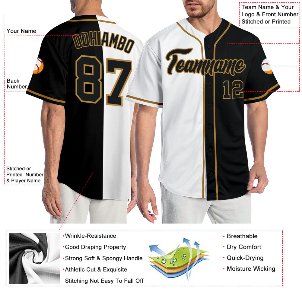 Camisa de beisebol personalizada branca preta-velha dourada autêntica dividida