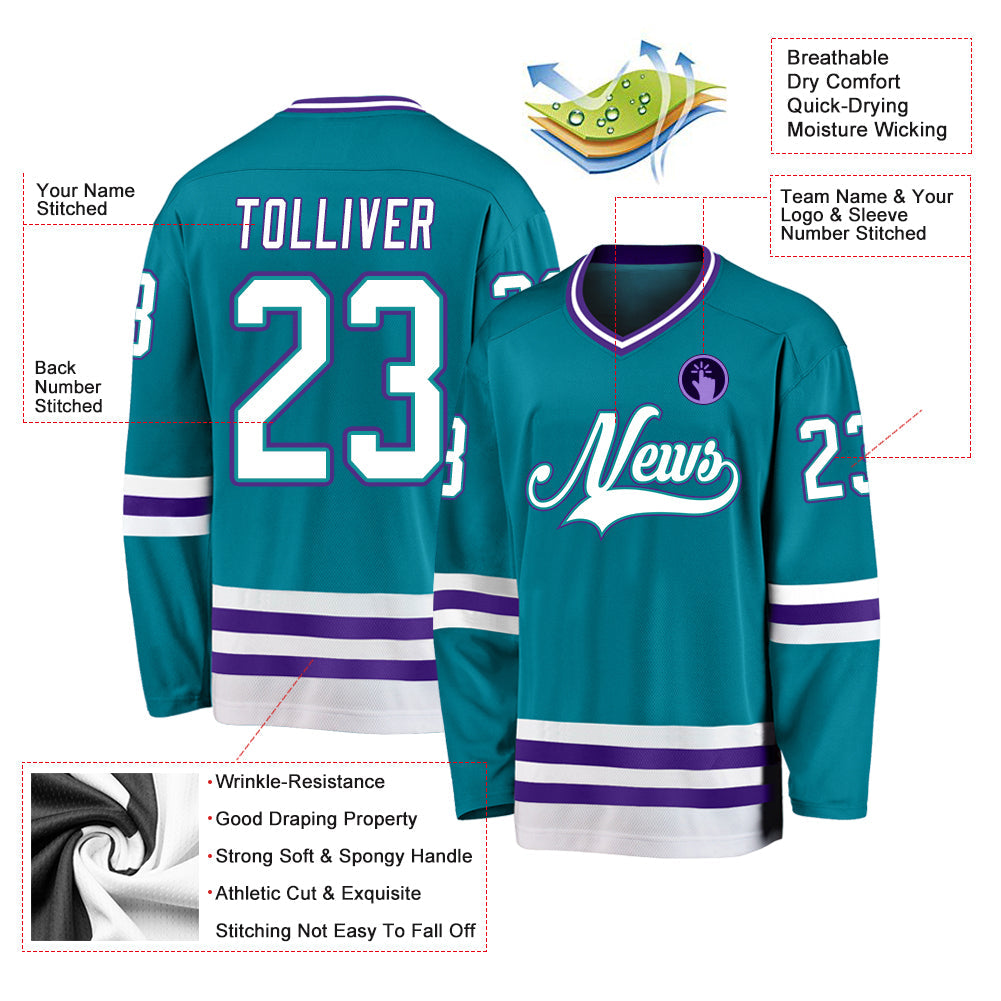 Maillots de hockey personnalisés Teal White-Purple