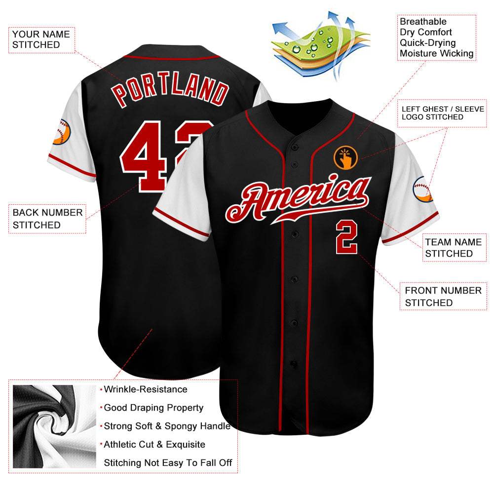 Camisa de beisebol autêntica em dois tons, preta, vermelha e branca personalizada