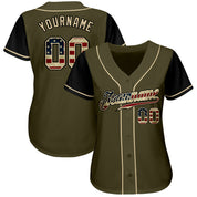 Personalizado Olive Vintage EUA Bandeira-Preto Autêntico Dois Tons Saudação Para Servir Camisa de Beisebol