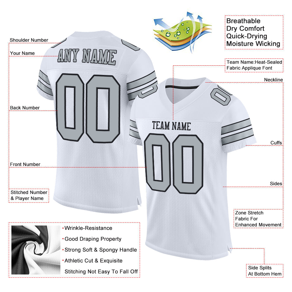 Camisa de futebol autêntica com malha branca prateada e preta personalizada