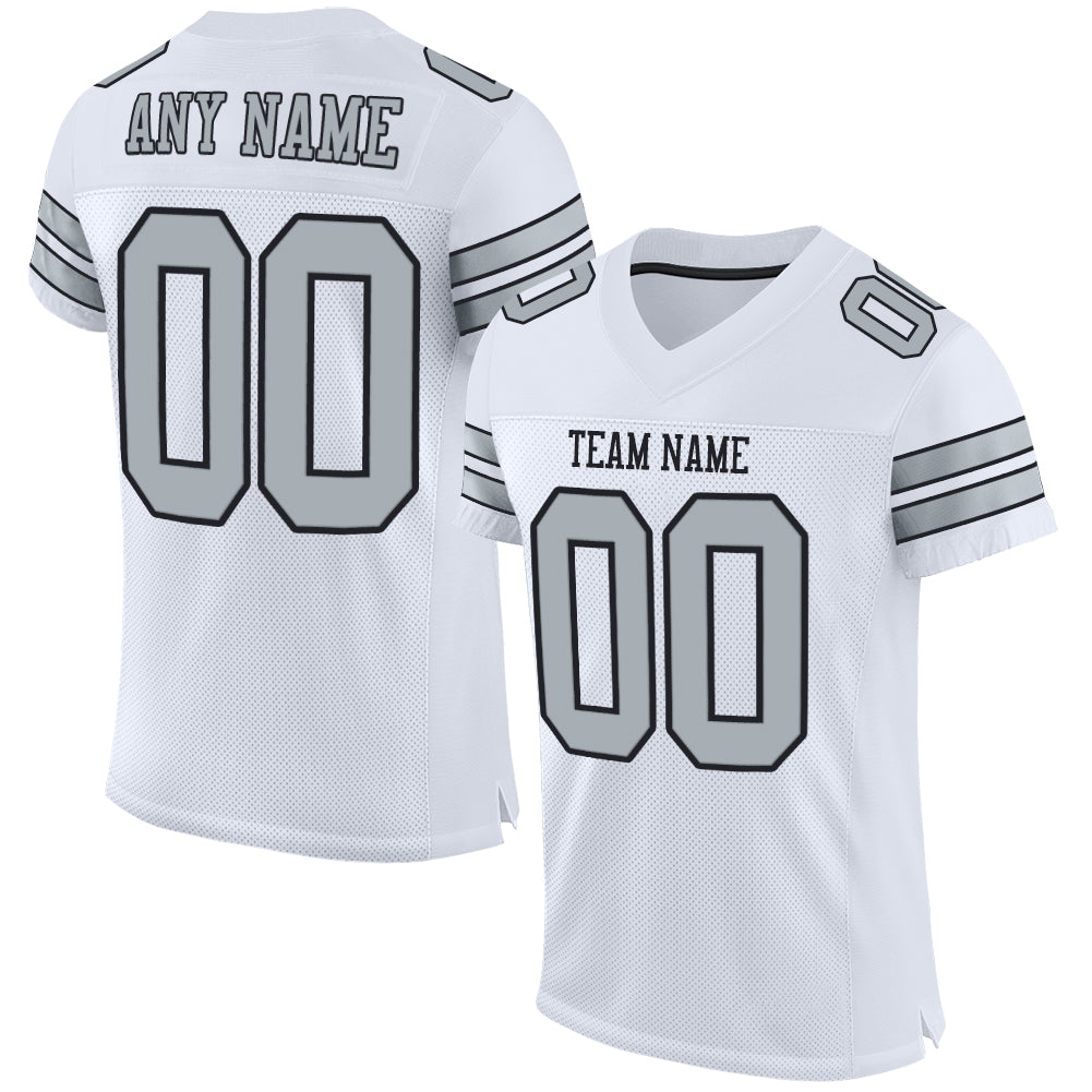 Camisa de futebol autêntica com malha branca prateada e preta personalizada