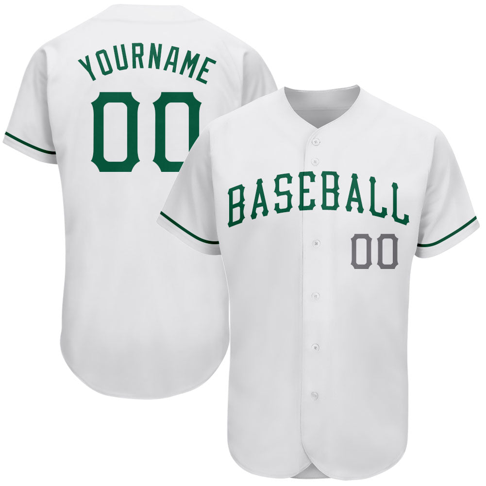 Maßgeschneidertes weißes, authentisches St. Patrick's Day-Baseball-Trikot in Kelly-Grün-Grau