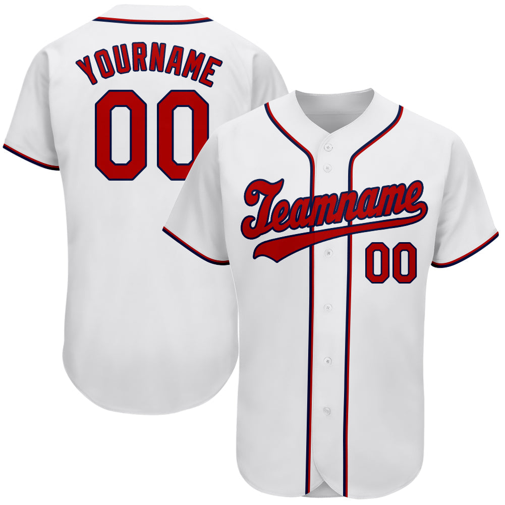Camisa de beisebol autêntica branca personalizada vermelho-marinho