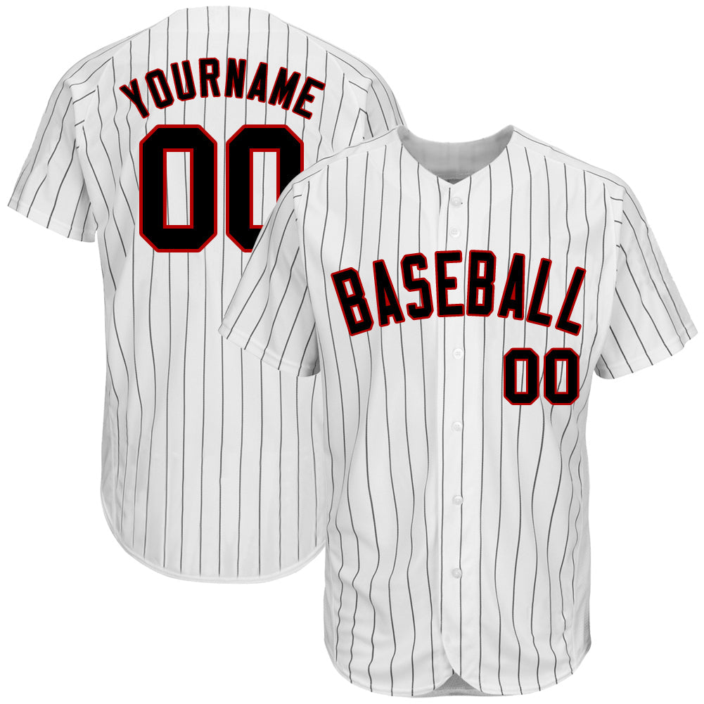 Camisa de beisebol autêntica preta e vermelha com riscas pretas brancas personalizadas