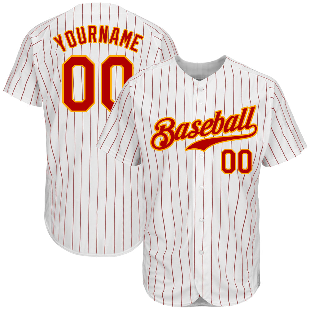 Maßgeschneidertes authentisches Baseball-Trikot in Weiß, Rot, Nadelstreifen, Rot-Gold