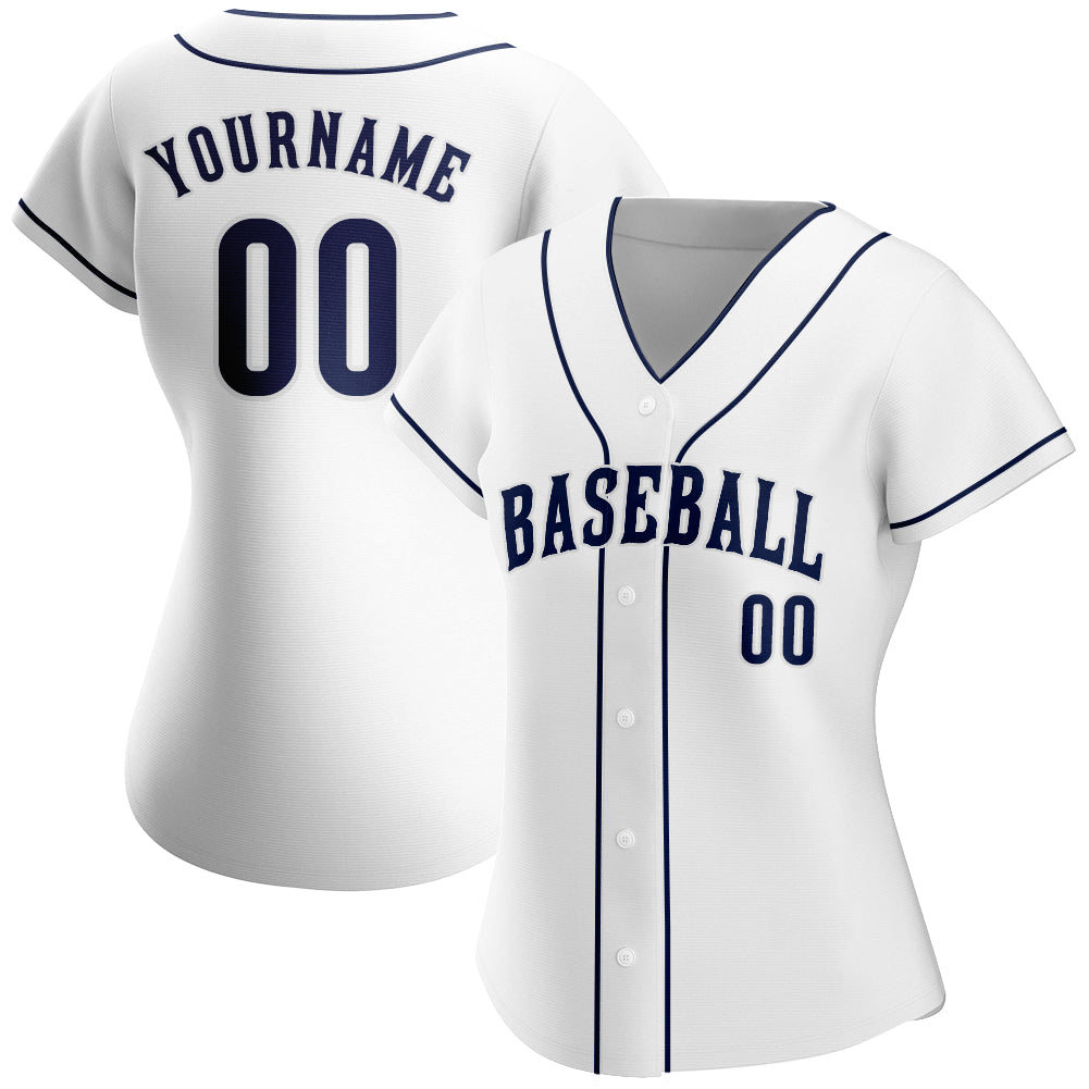 Maßgeschneidertes authentisches Baseball-Trikot in Weiß, Marineblau und Weiß