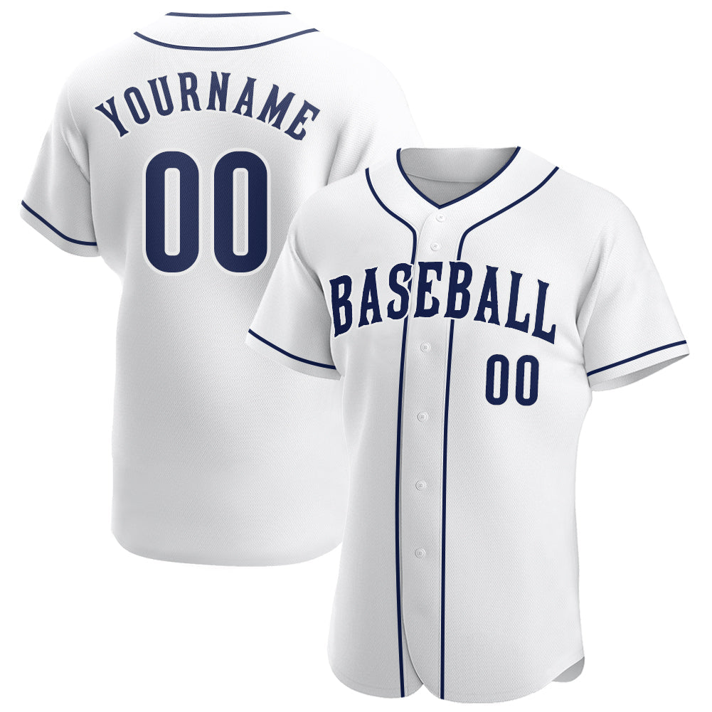 Maßgeschneidertes authentisches Baseball-Trikot in Weiß, Marineblau und Weiß