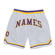 Pantalones cortos de baloncesto de retroceso auténtico oro púrpura blanco personalizado
