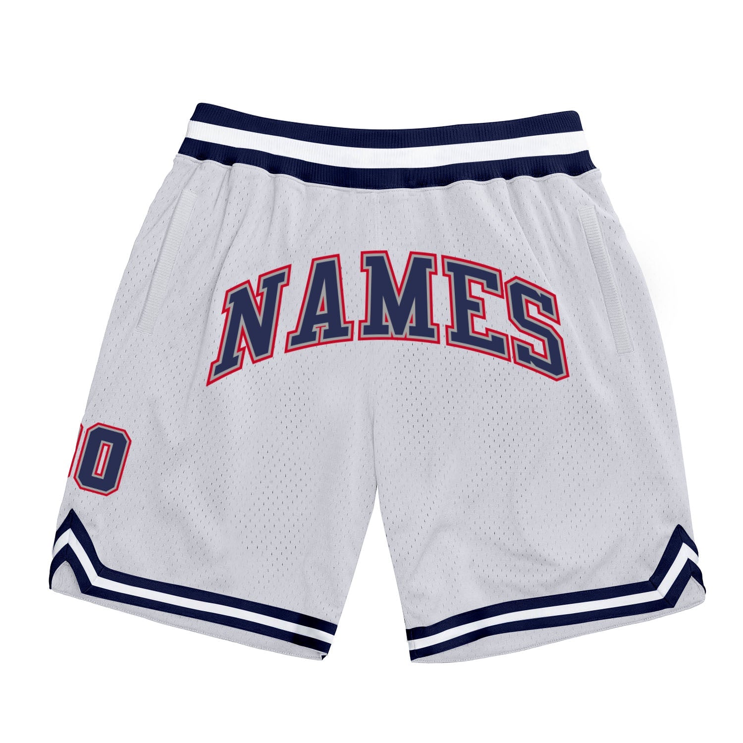 Shorts de basquete autênticos, brancos, vermelhos marinho e personalizados