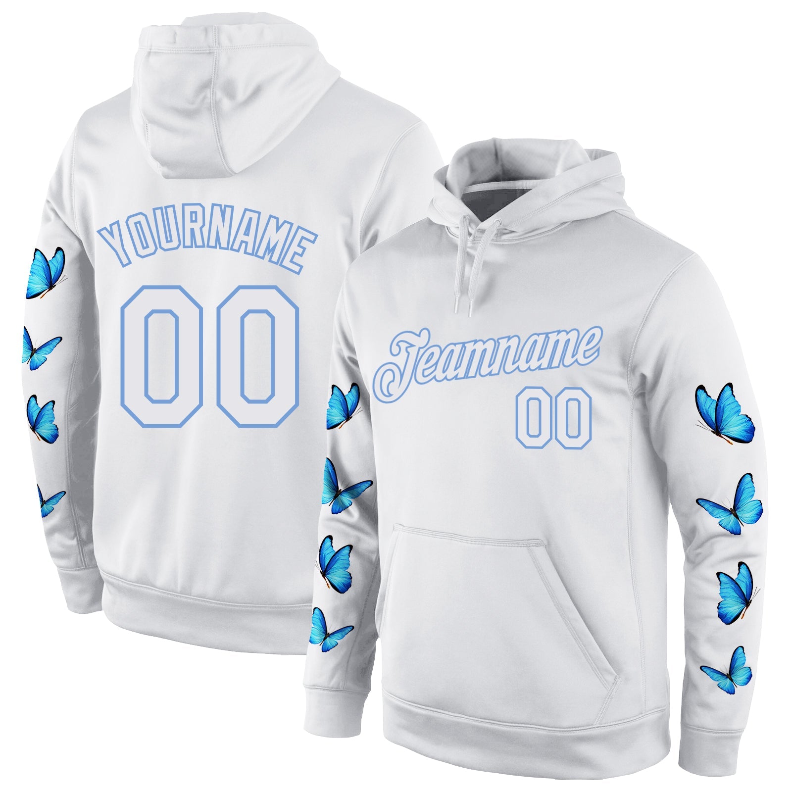 Individuell genähter, weißer, weiß-hellblauer 3D-Muster-Design-Schmetterlings-Sport-Pullover-Sweatshirt-Hoodie