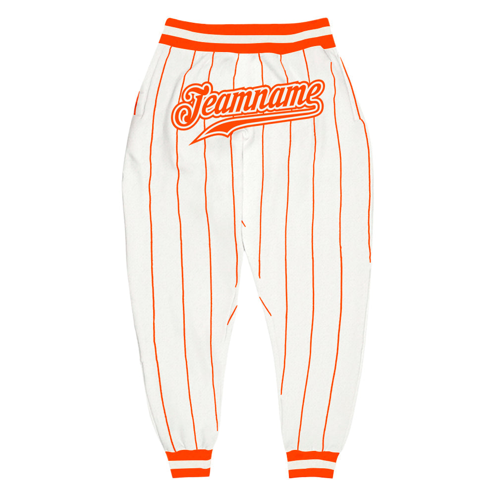 Calças esportivas personalizadas com riscas brancas e laranja laranja-brancas