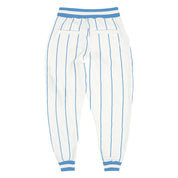 Calça esportiva branca personalizada com listras azuis claras azul-brancas