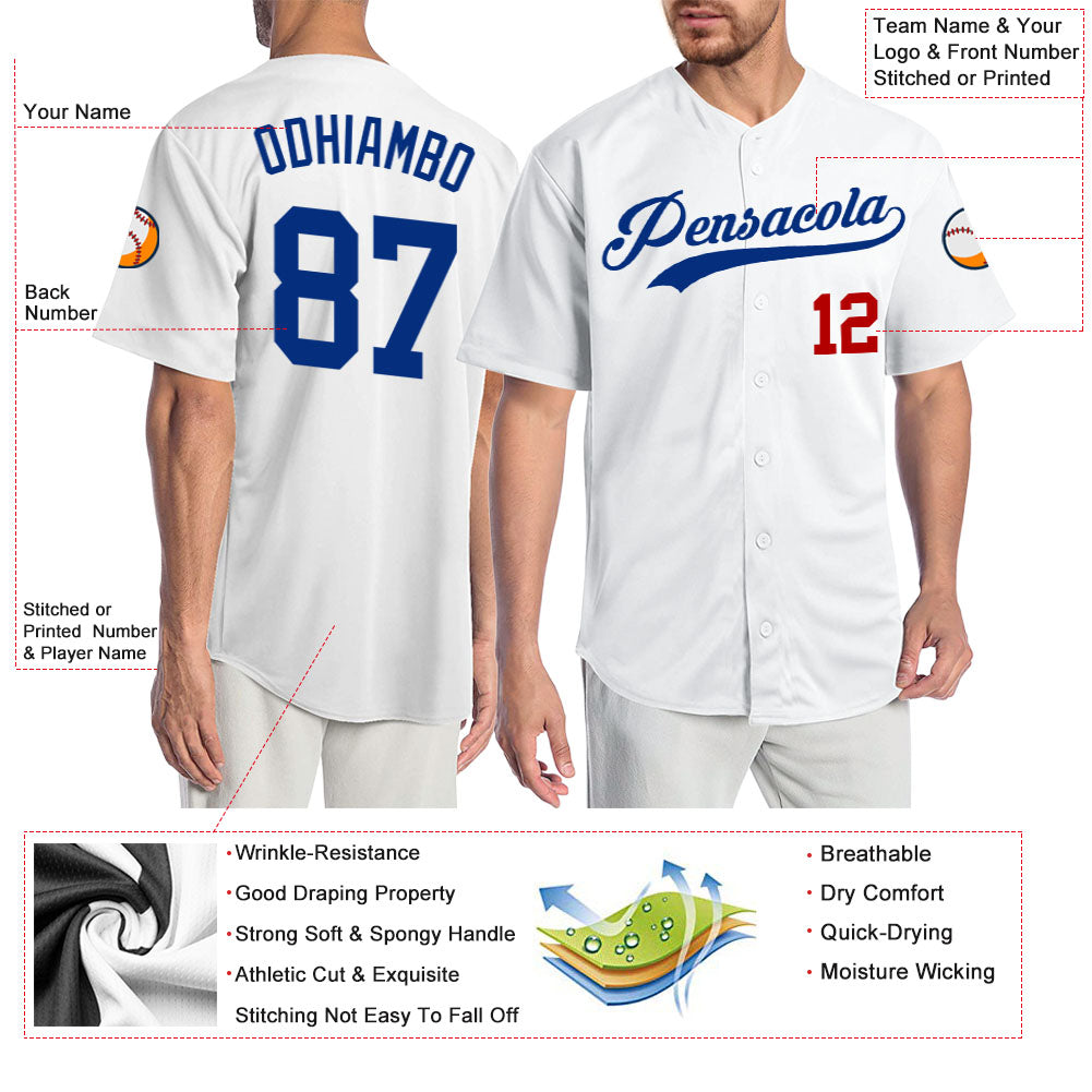 Camisa de beisebol autêntica branca Royal-Red personalizada