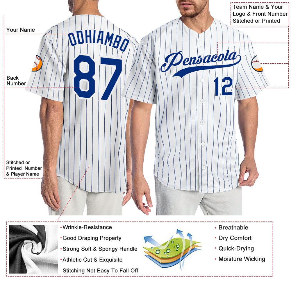 Maßgeschneidertes authentisches Baseball-Trikot mit Royal-Nadelstreifen in Weiß und Royal-Weiß