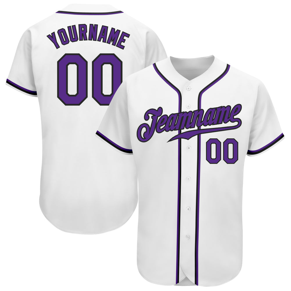 Camisa de beisebol autêntica branca roxa-preta personalizada