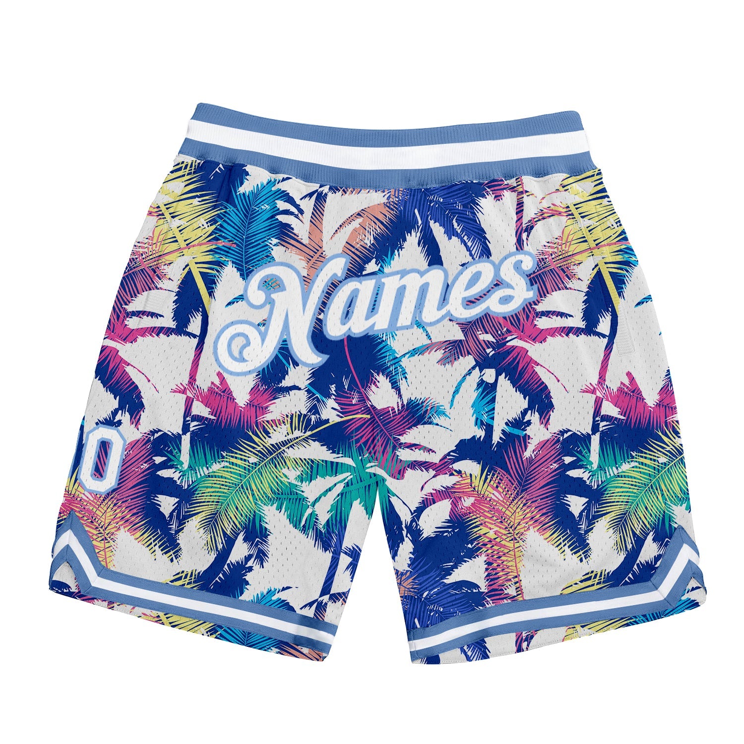Shorts de basquete autênticos com design de padrão 3D branco branco-claro azul personalizado com palmeiras