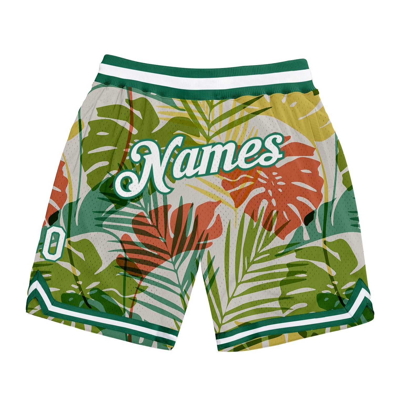 Shorts de basquete autênticos com design de padrão 3D branco branco-Kelly verde personalizado com palmeiras